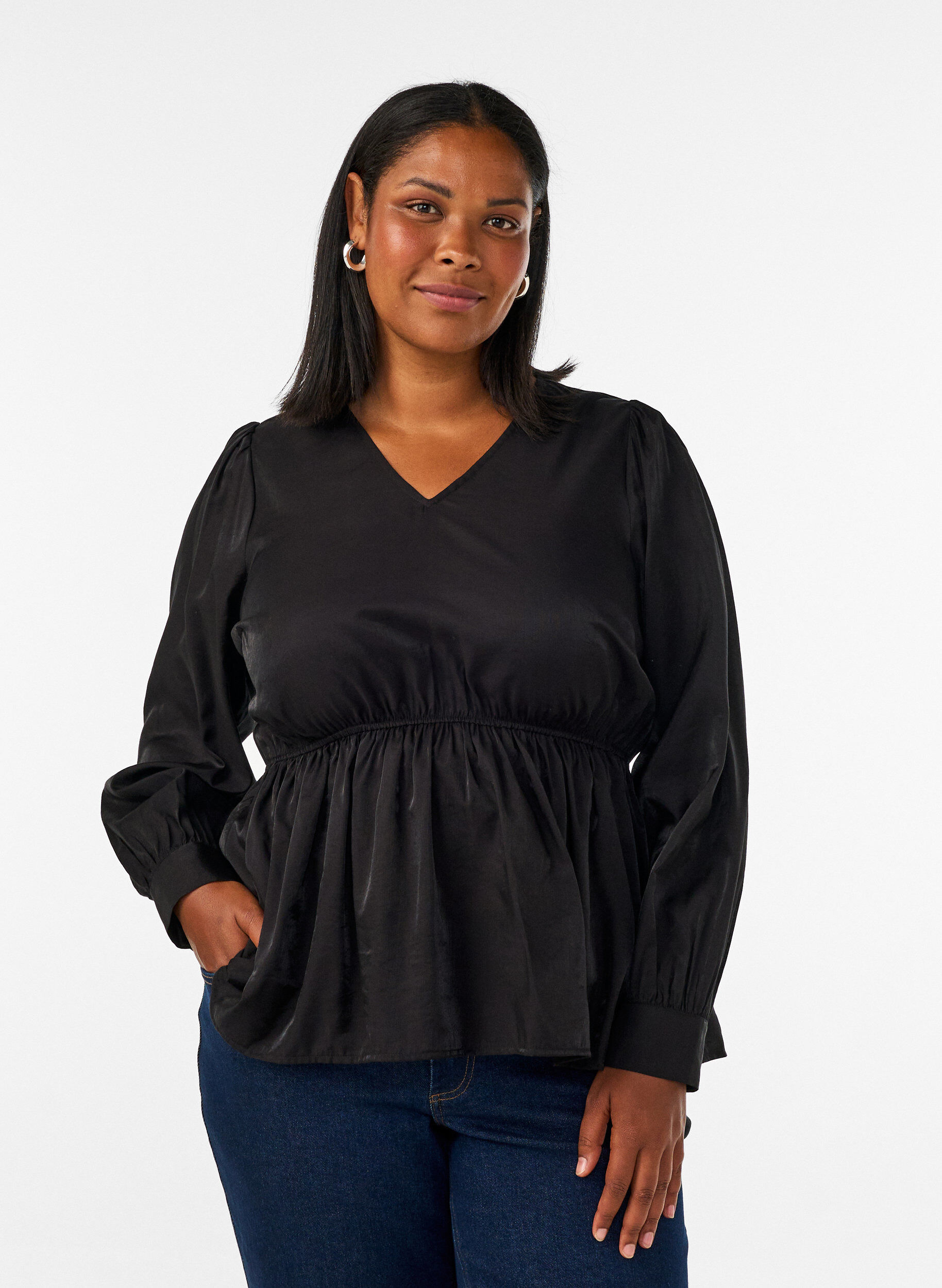 Shiny viscose blouse with peplum effect, Black, Model