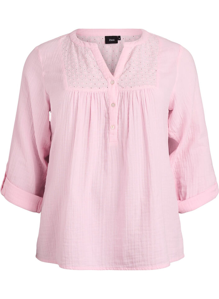 Blouse in cotton muslin with broderie anglaise, Rose, Packshot image number 0