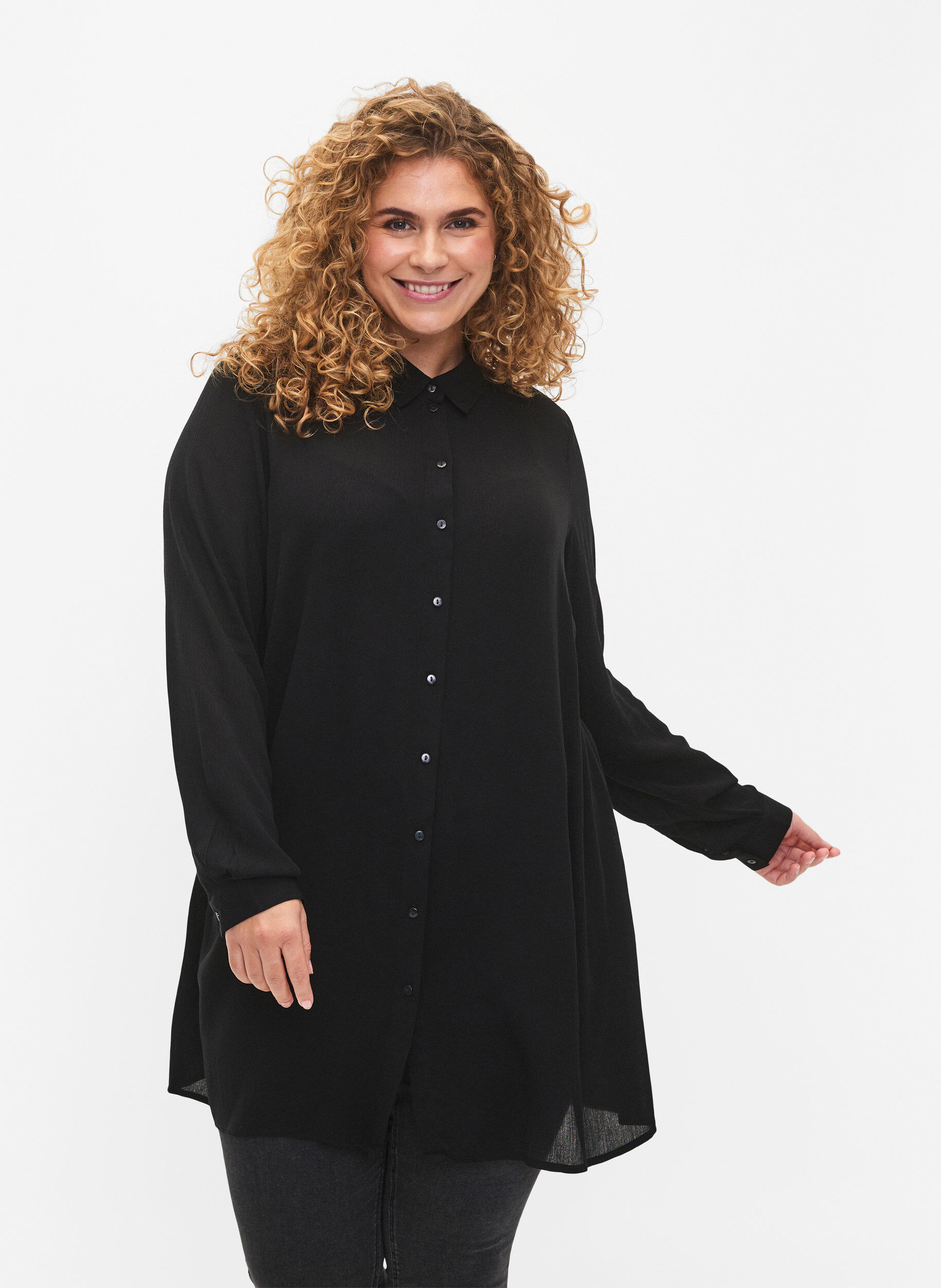 Zizzifashion Long viscose shirt with long sleeves, Black, Model image number 0