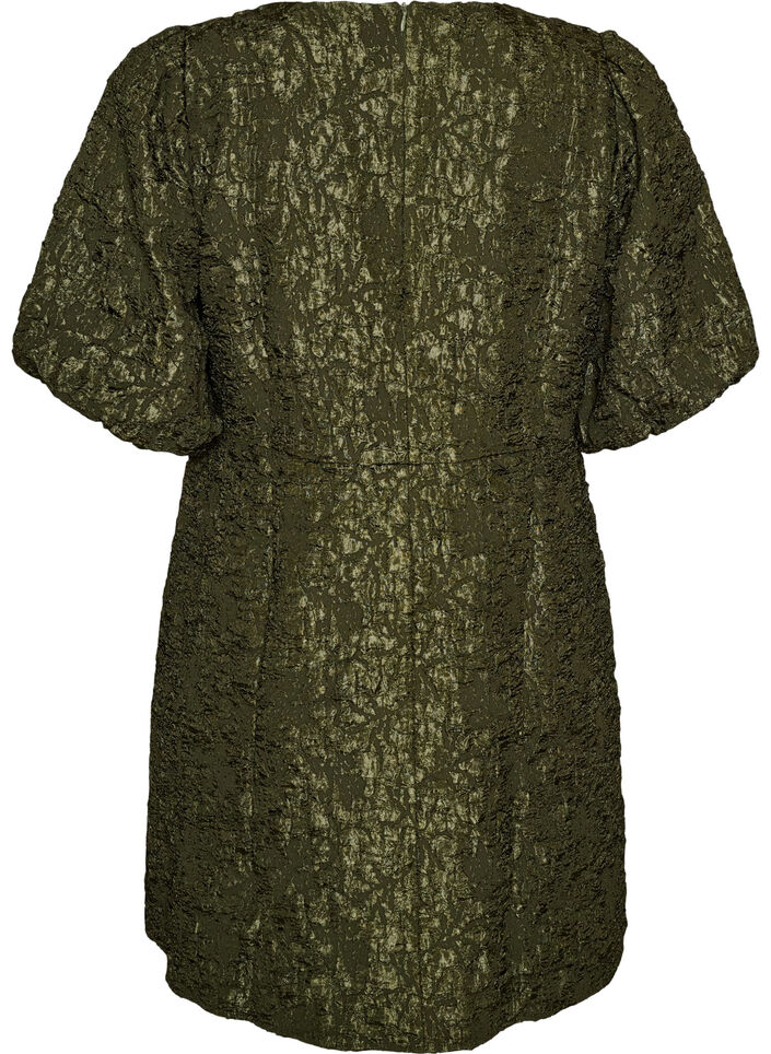 Jacquard dress with puff sleeves and A-line, Green, Packshot image number 1