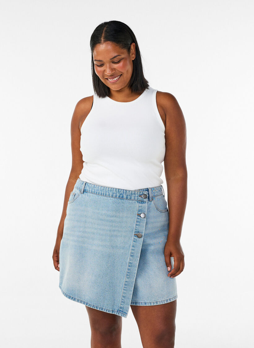 Denim skorts with a wrap-over effect and high waist, Light Blue, Model image number 0