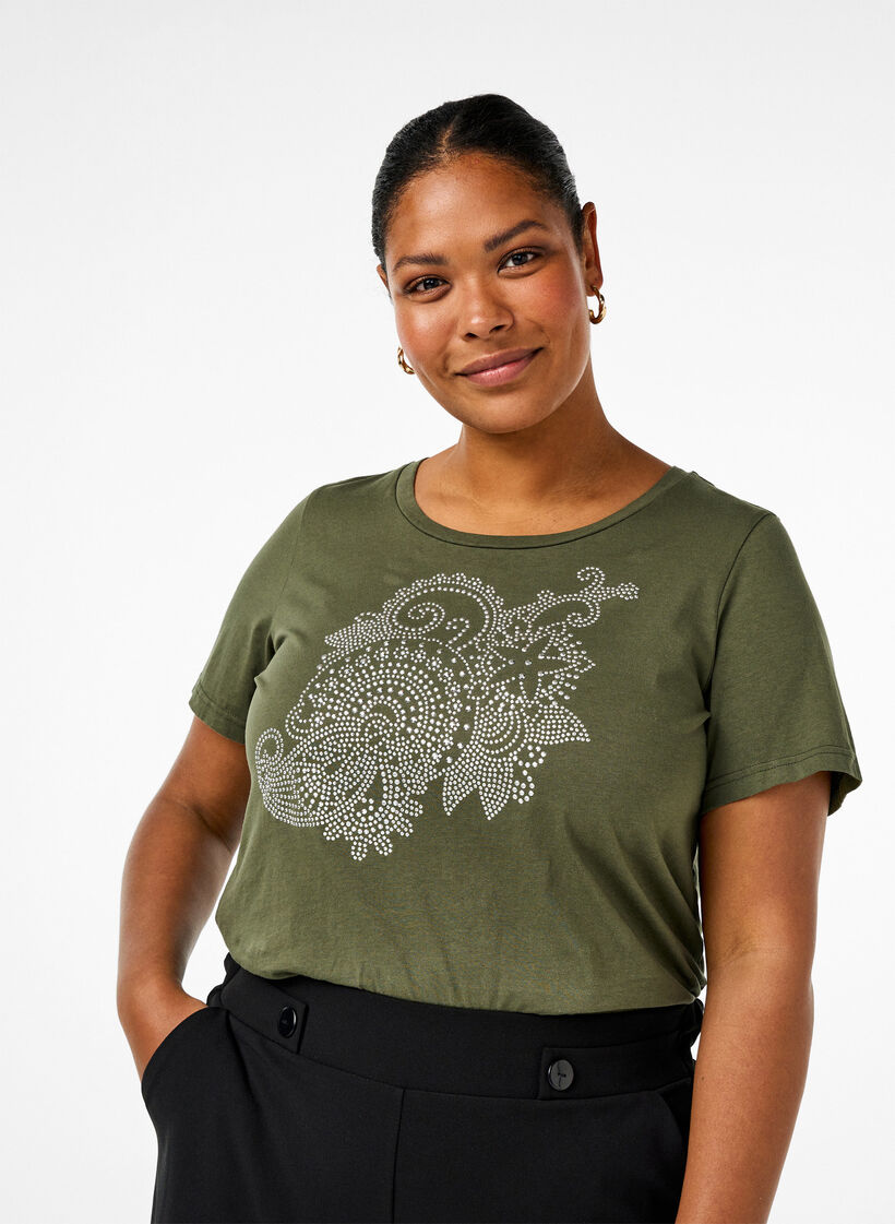 Cotton t-shirt with rhinestone motif, Thyme w. Rhinestones, Model image number 0