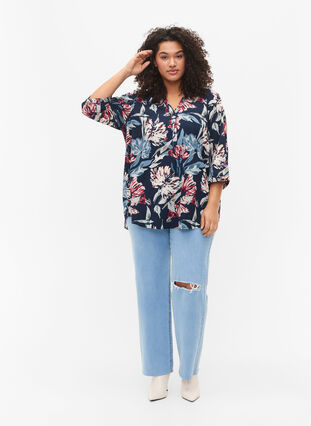 Floral blouse with 3/4 sleeves, Navy Flower, Model image number 2