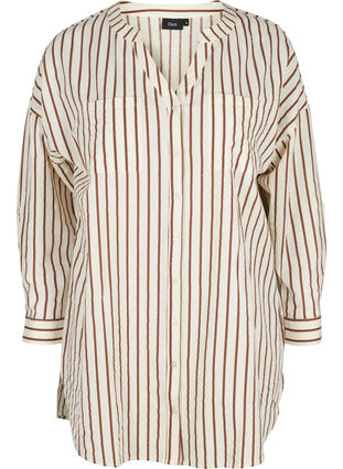 Long striped cotton shirt with V-neck, Stripe, Packshot image number 0