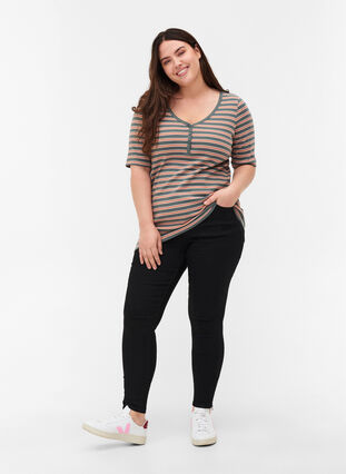 Striped, ribbed cotton t-shirt, Balsam Green Stripe, Model image number 2