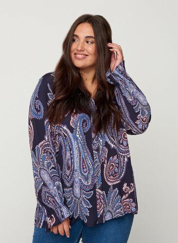 Long-sleeved viscose shirt with a paisley print, Night Sky AOP, Model image number 0