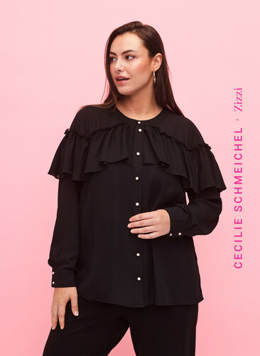 Ruffle shirt blouse with pearl buttons, Black, Model image number 0
