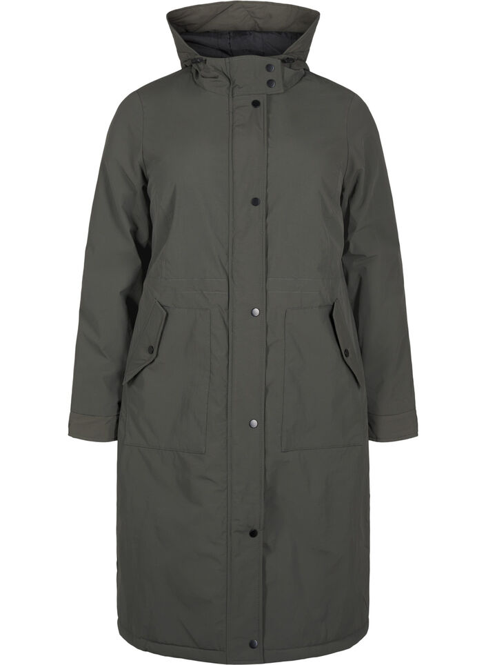 Parka coat with hood and adjustable waist, Black Olive, Packshot image number 0