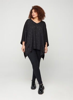 Poncho with jewels and a V-neck, Black, Model image number 2