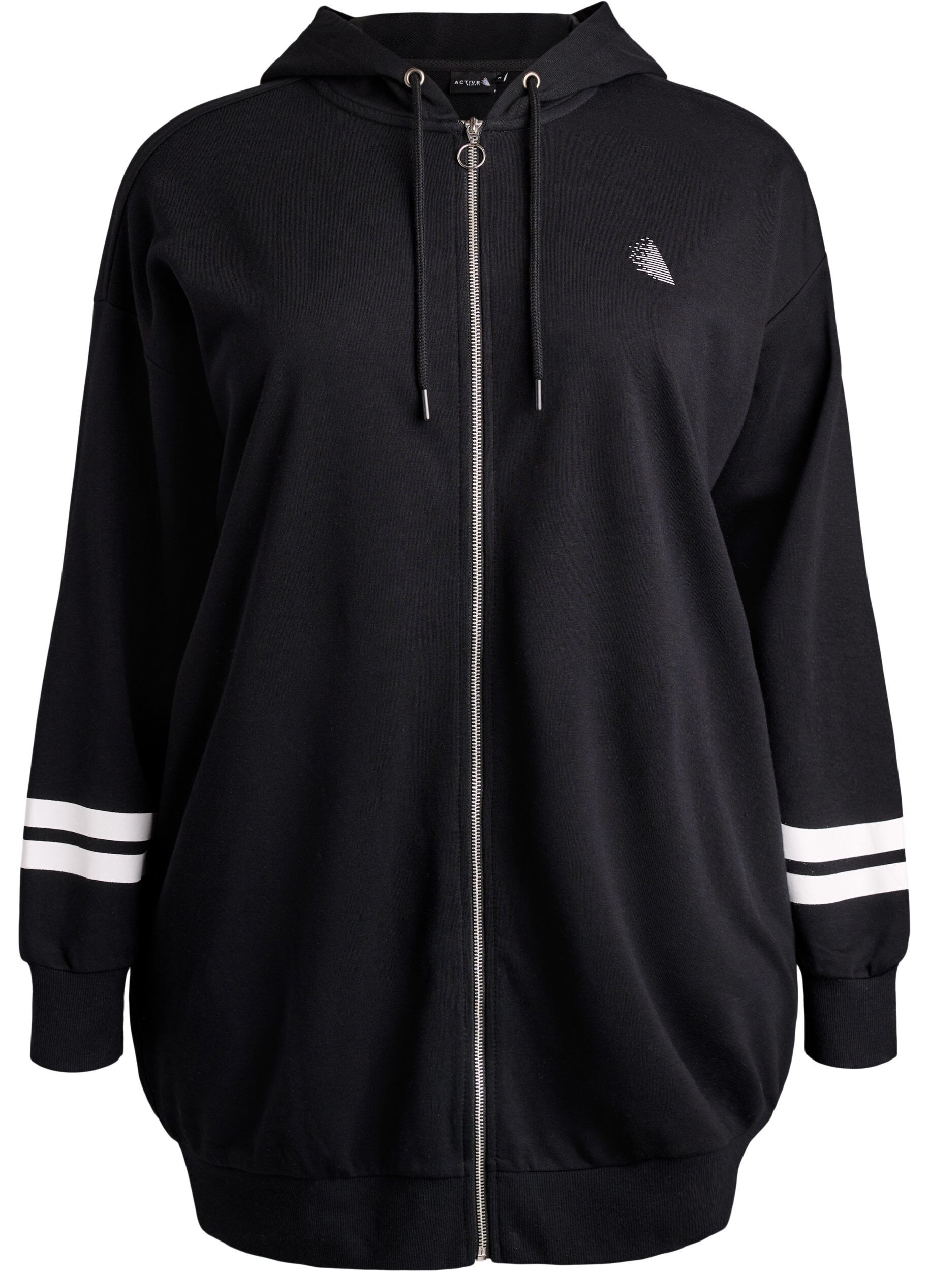 Zizzifashion Long sweat cardigan with printed details, Black, Packshot image number 0