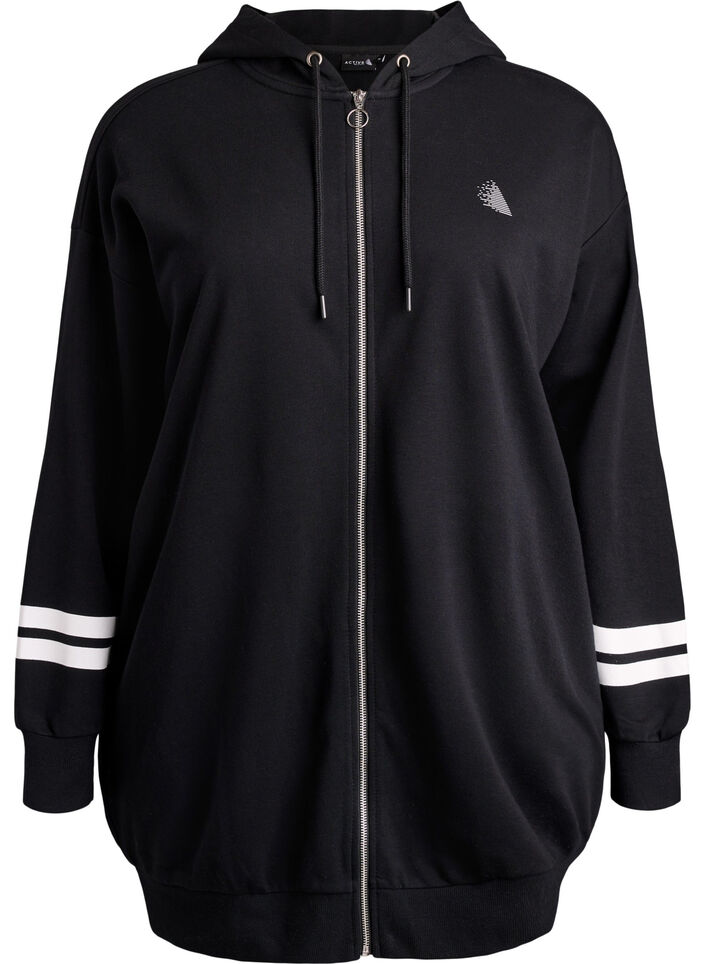 Long sweat cardigan with printed details, Black, Packshot image number 0