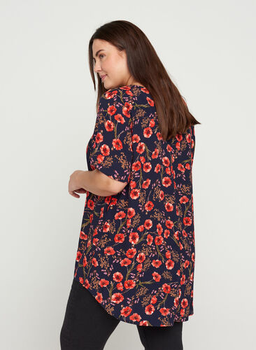 Floral viscose blouse with short sleeves, Black Poppy Flower, Model image number 1