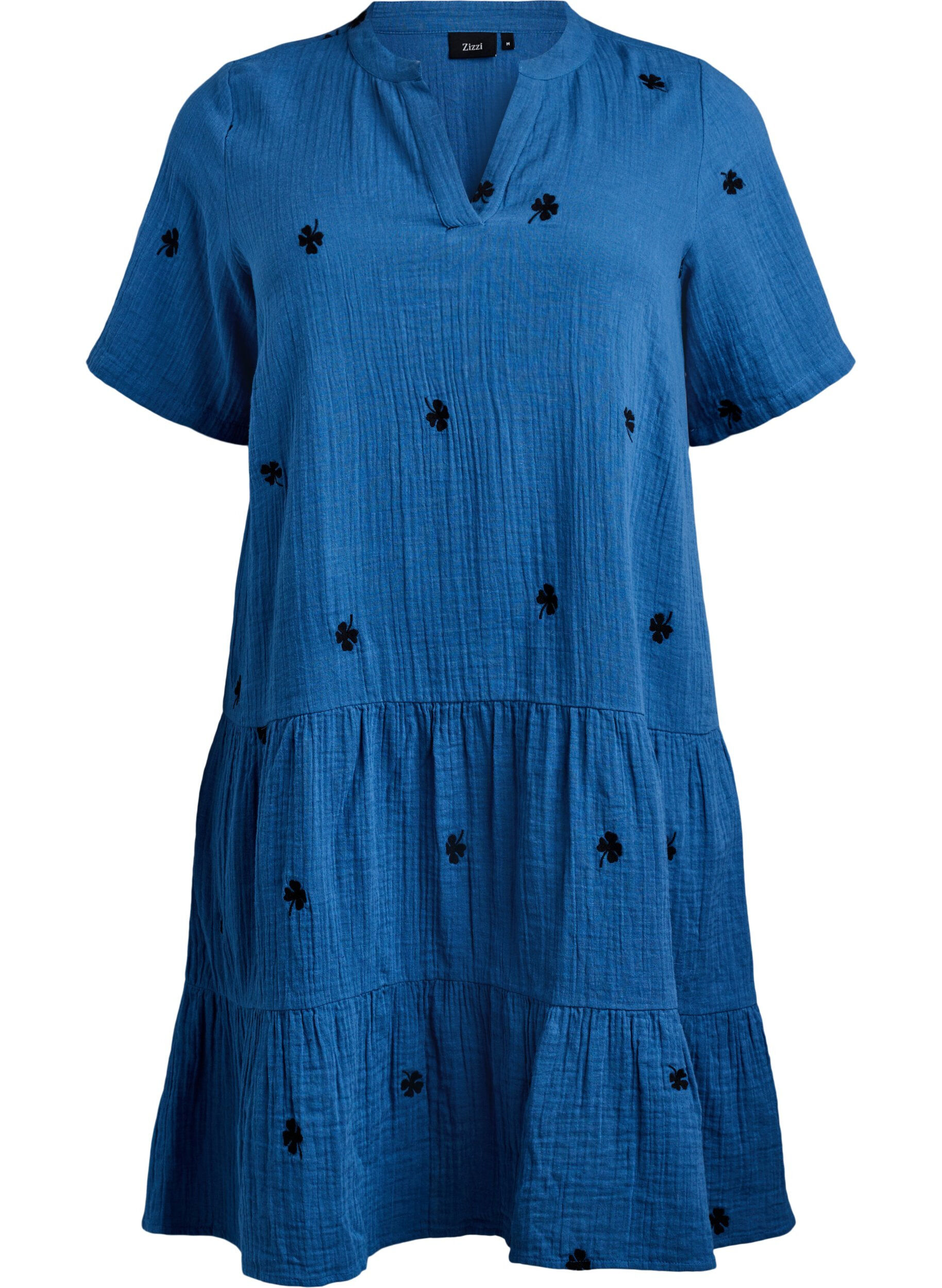 Zizzifashion Short cotton muslin dress with embroidered flowers, Blue, Packshot image number 0