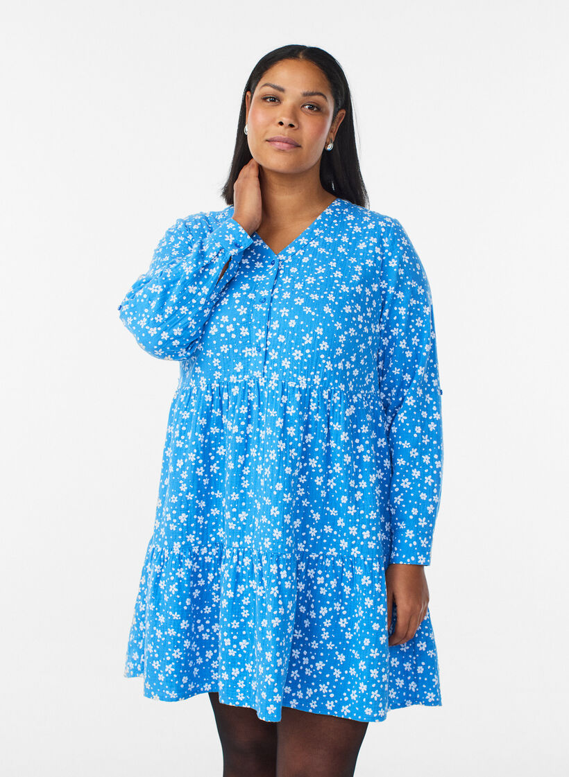 Short dress in patterned cotton muslin, Blue, Model image number 0