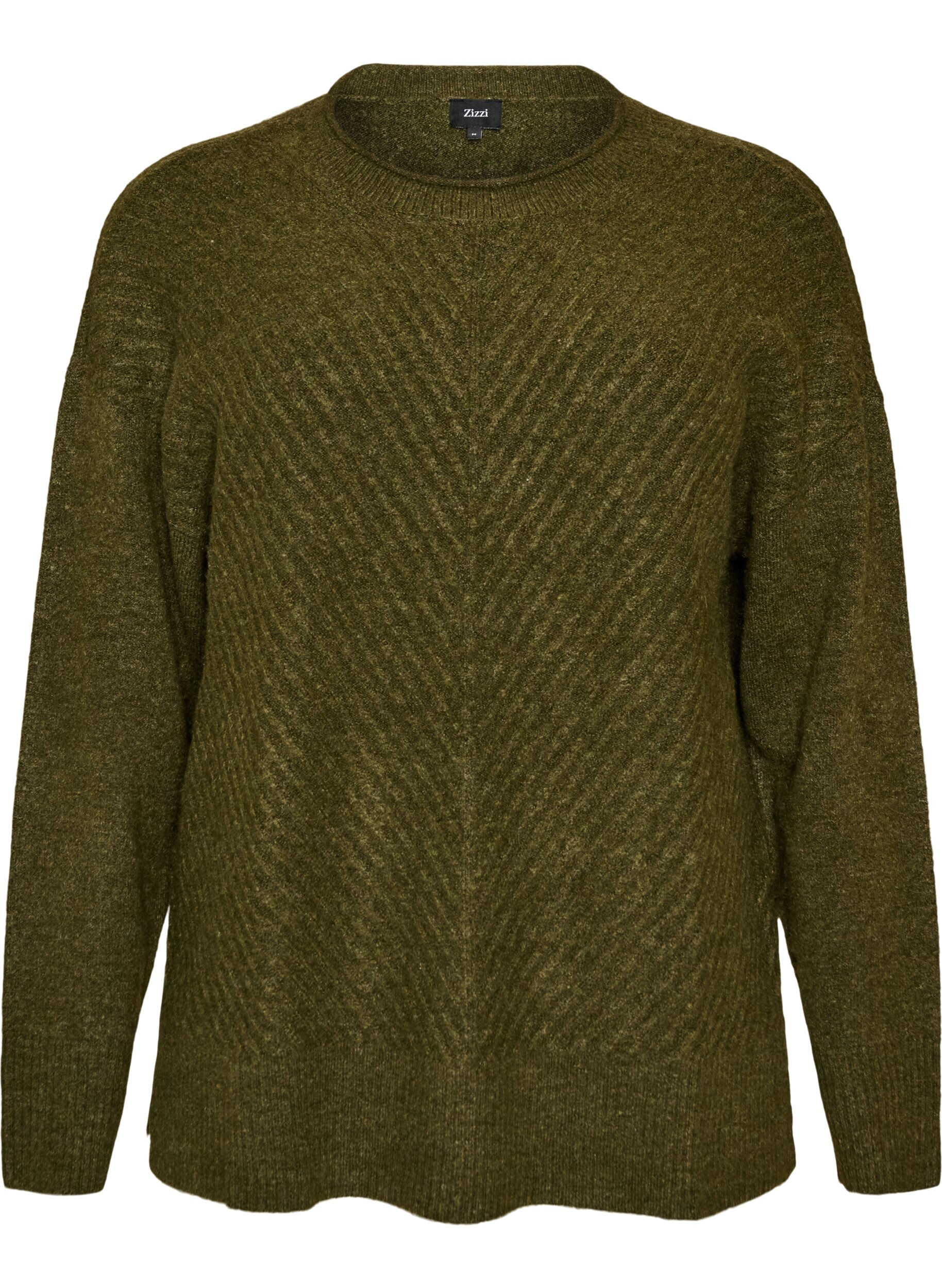 ZizzifashionKnitted blouse with V-shaped rib pattern and slits, Green, Packshot image number 0