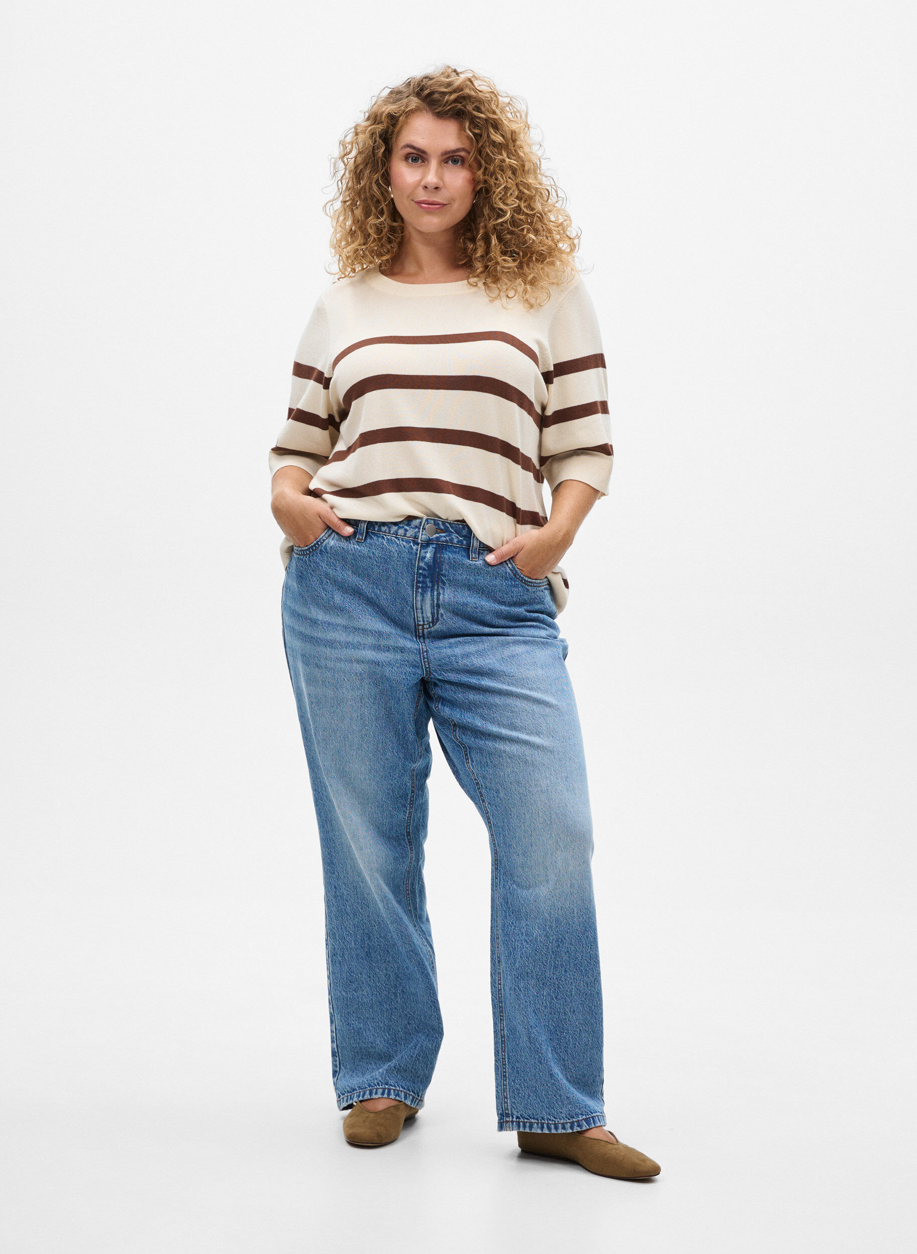 Zizzifashion Striped knit top with short sleeves, Beige, Model image number 1