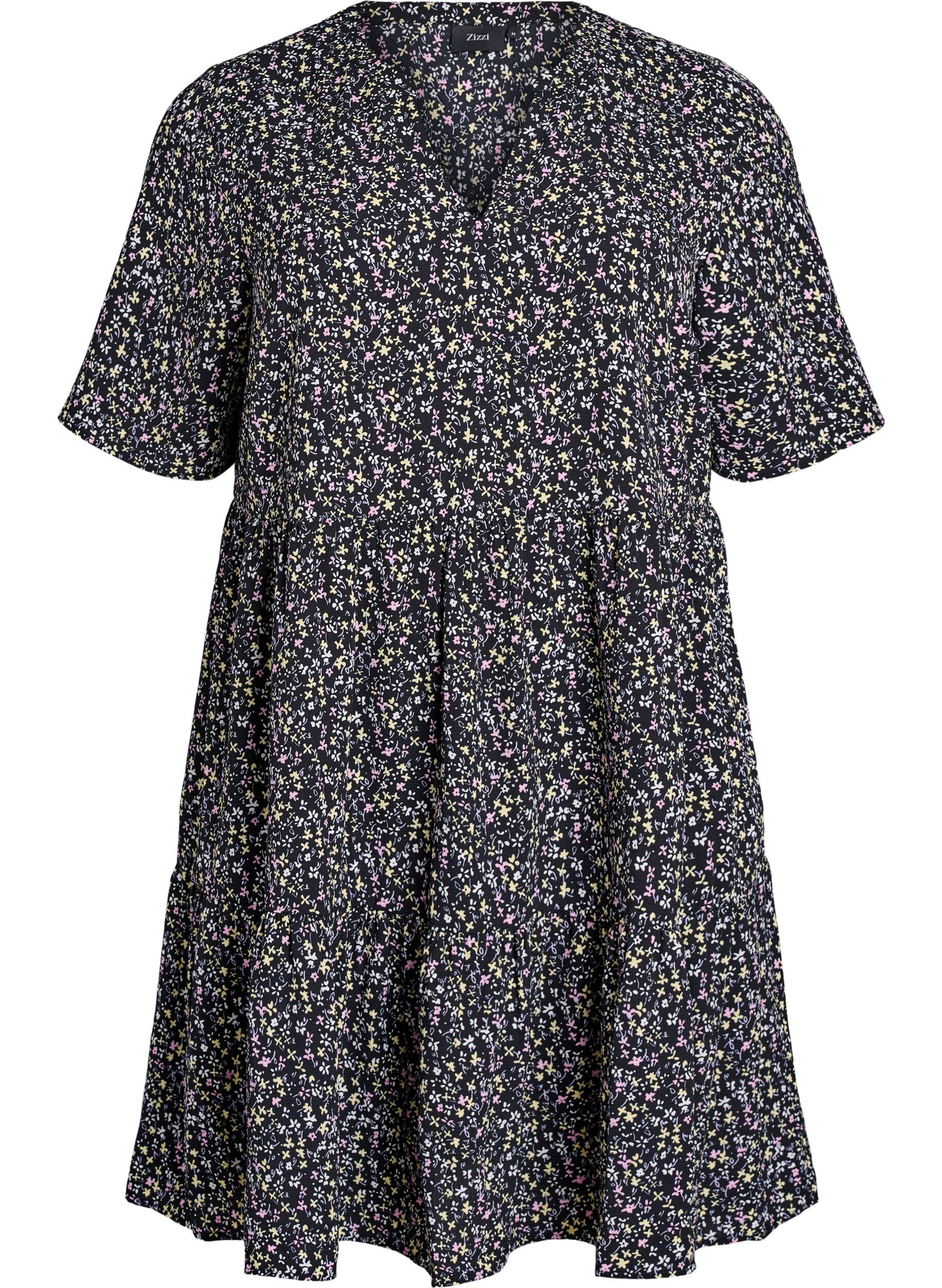 Zizzifashion Short sleeve dress with a-line and cutlines, Black, Packshot image number 0