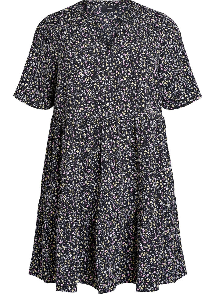 Short sleeve dress with a-line and cutlines, Black, Packshot image number 0