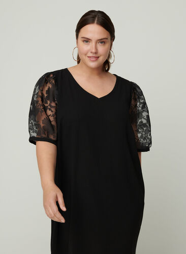 Dress with short lace sleeves and a V-neck, Black, Model image number 1