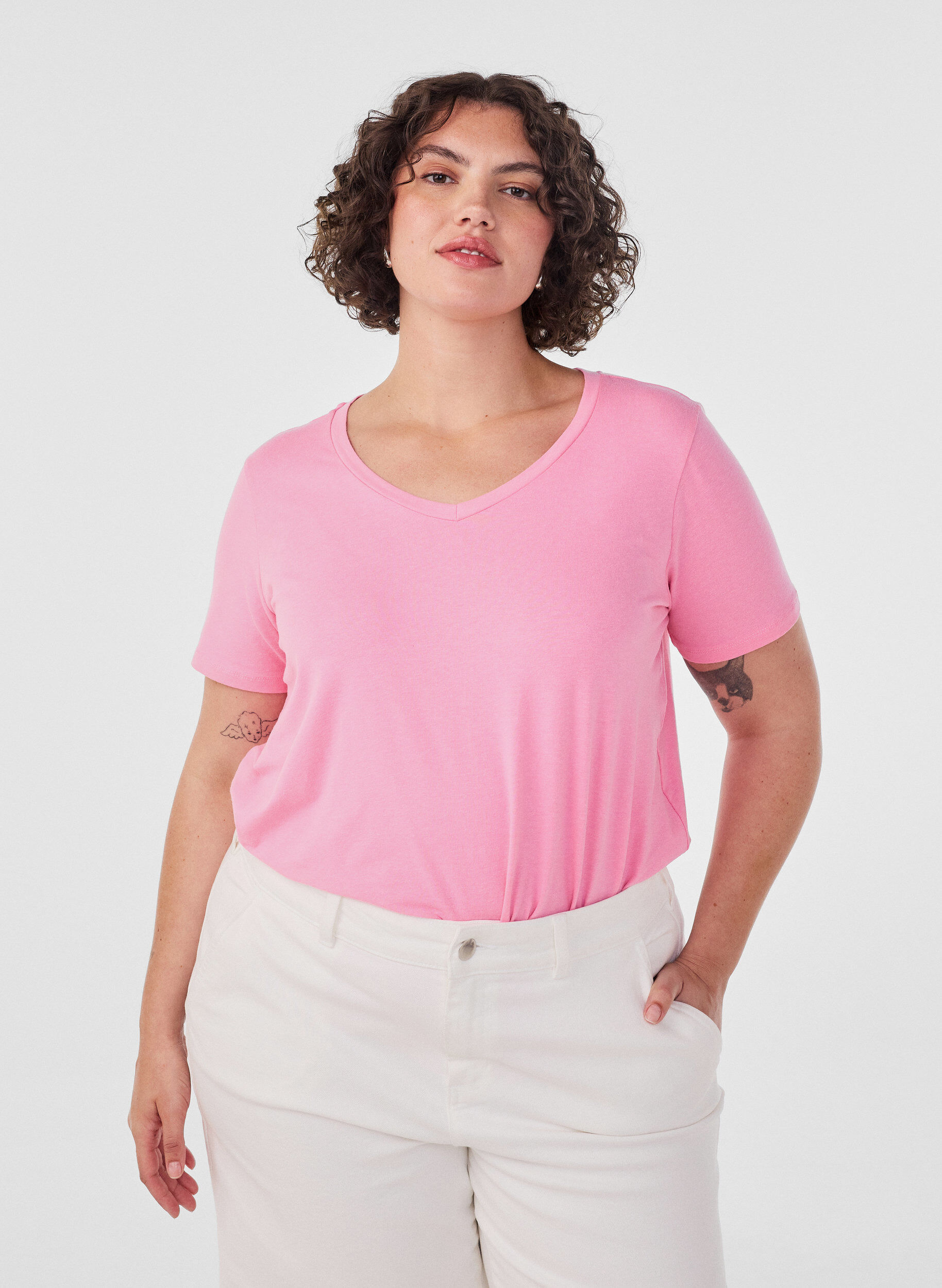 Basic plain cotton t-shirt, Pink, Model