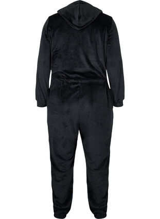 Hooded velour jumpsuit with drawstring, Black, Packshot image number 1