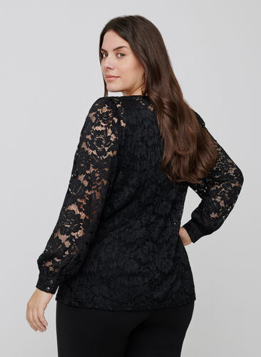 Lace blouse with long puff sleeves, Black, Model image number 1