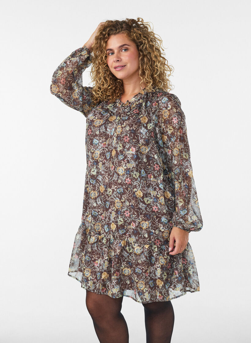 Chiffon dress with floral print and ruffle layers, Brown, Model image number 0