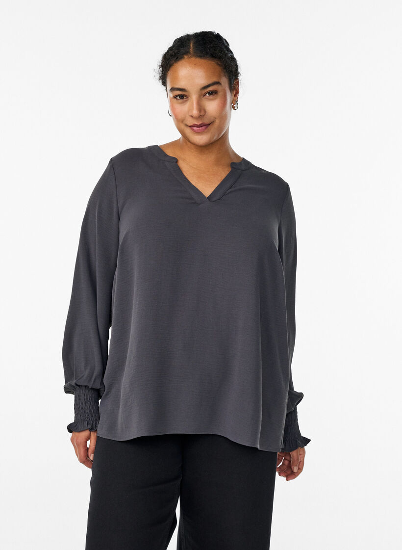 Blouse with smock cuffs and V-neck, Dark Grey, Model image number 0