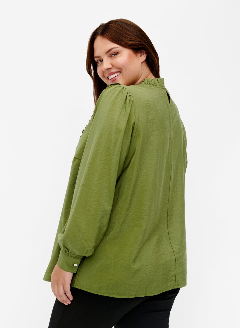 Viscose blouse with frills, Loden Green, Model image number 1