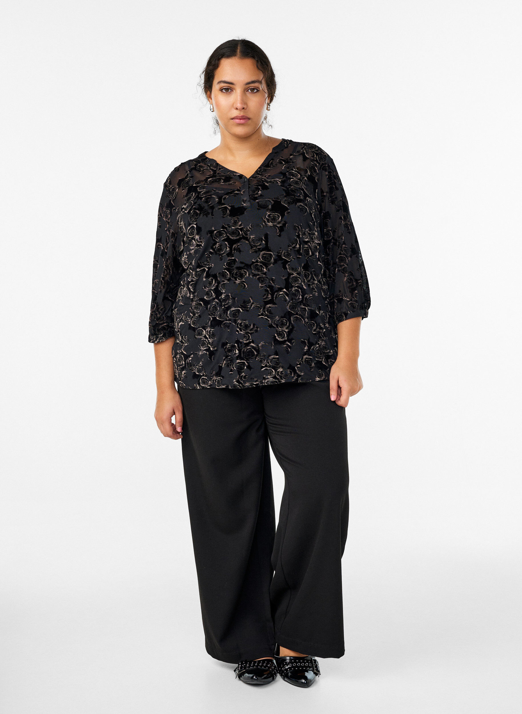 Zizzifashion Mesh blouse with velour roses and 3/4 sleeves, Black, Model image number 1