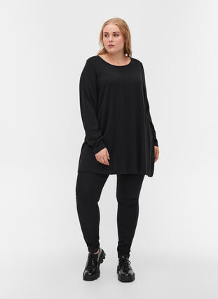 Plain knitted blouse with rounded neckline, Black, Model image number 2