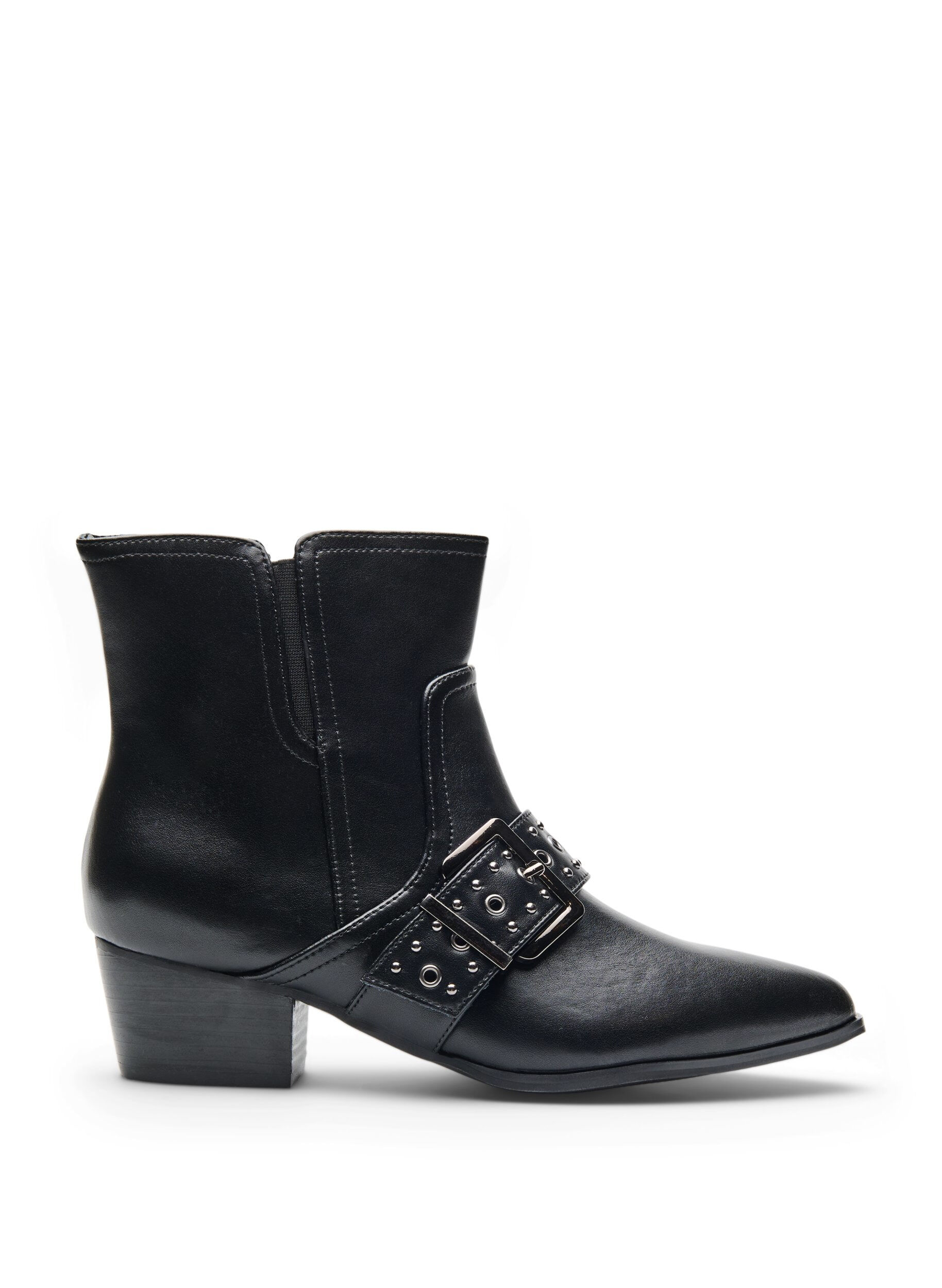 Leather ankle boot with strap and studs