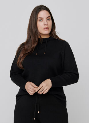 Knitted blouse with a drawstring hood, Black, Model image number 0
