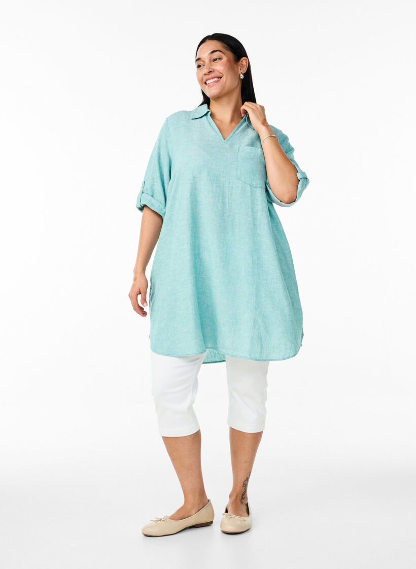 Linen and viscose tunic with A-shape, Blue, Model image number 1