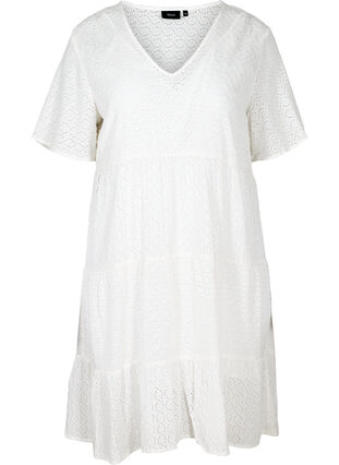 Short-sleeved dress with broderie anglaise, Bright White, Packshot image number 0
