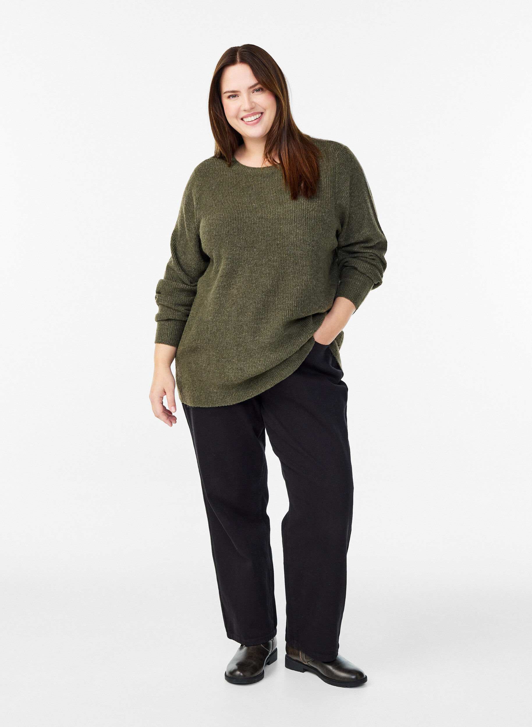 ZizzifashionMelange knit blouse with round neck, Green, Model image number 1
