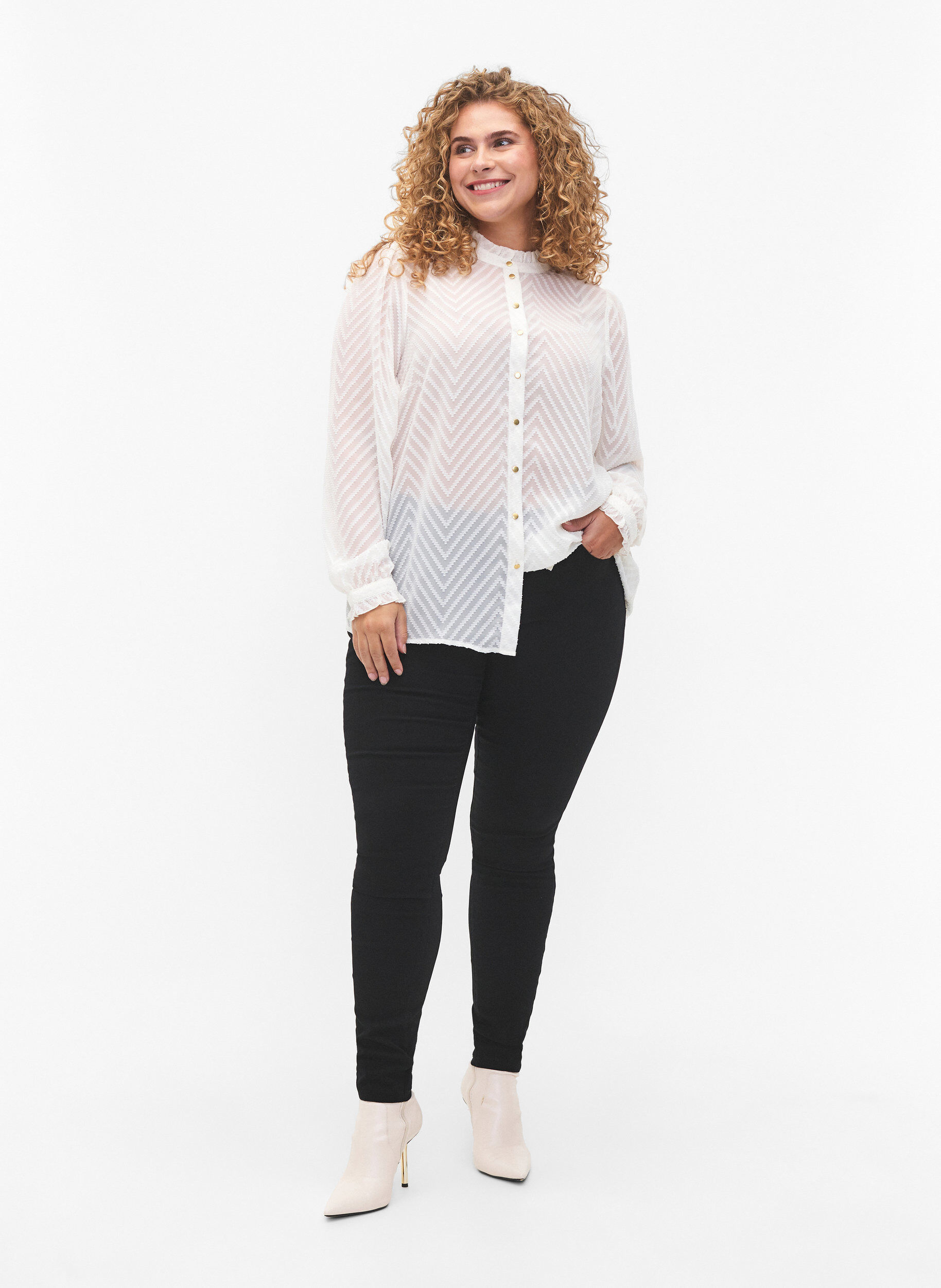 Zizzifashion Shirt blouse with ruffles and patterned texture, Snow White, Model image number 2