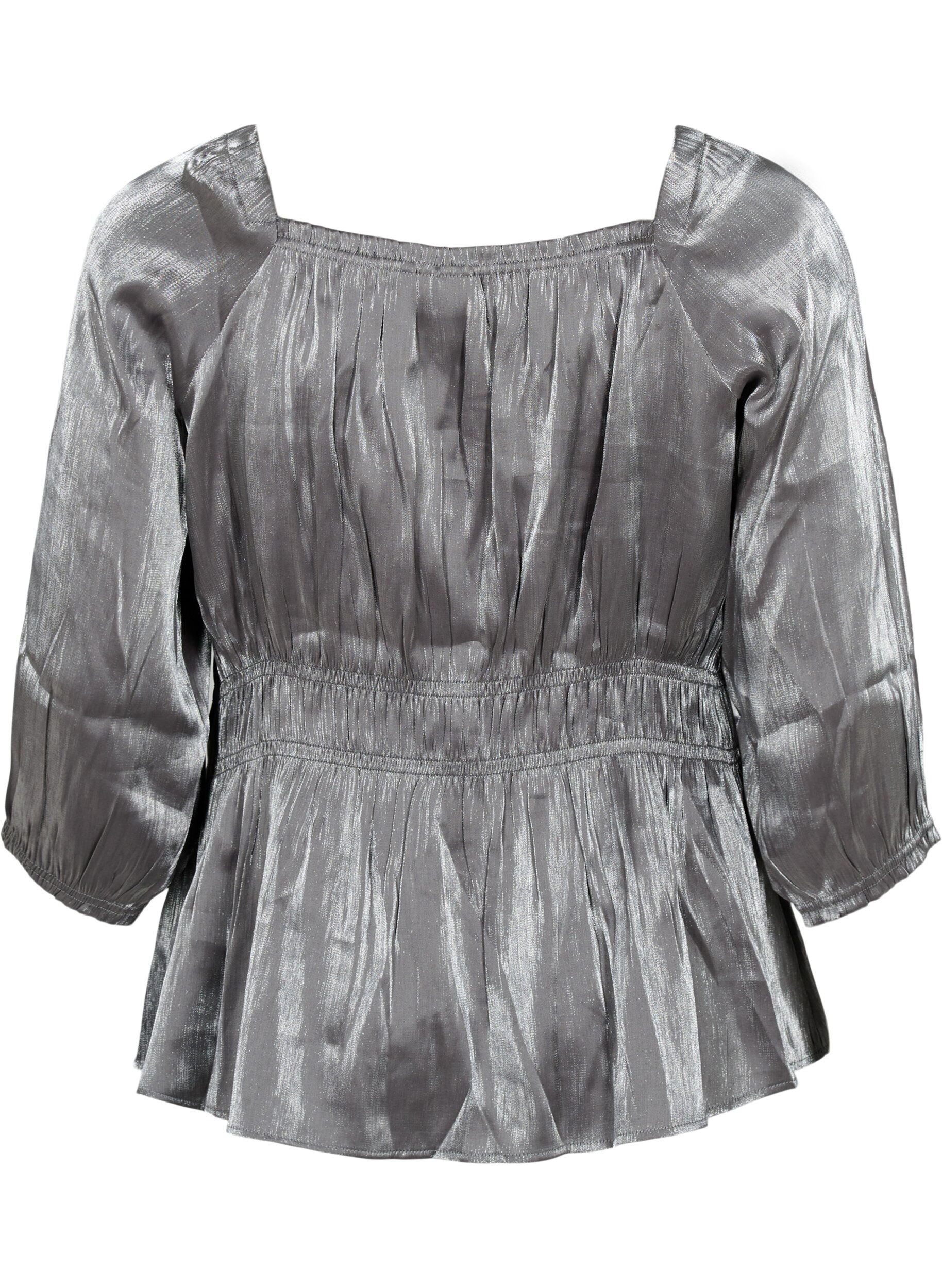 Zizzifashion Silver-colored blouse with 3/4 sleeves and smock, Dark Silver, Packshot image number 1