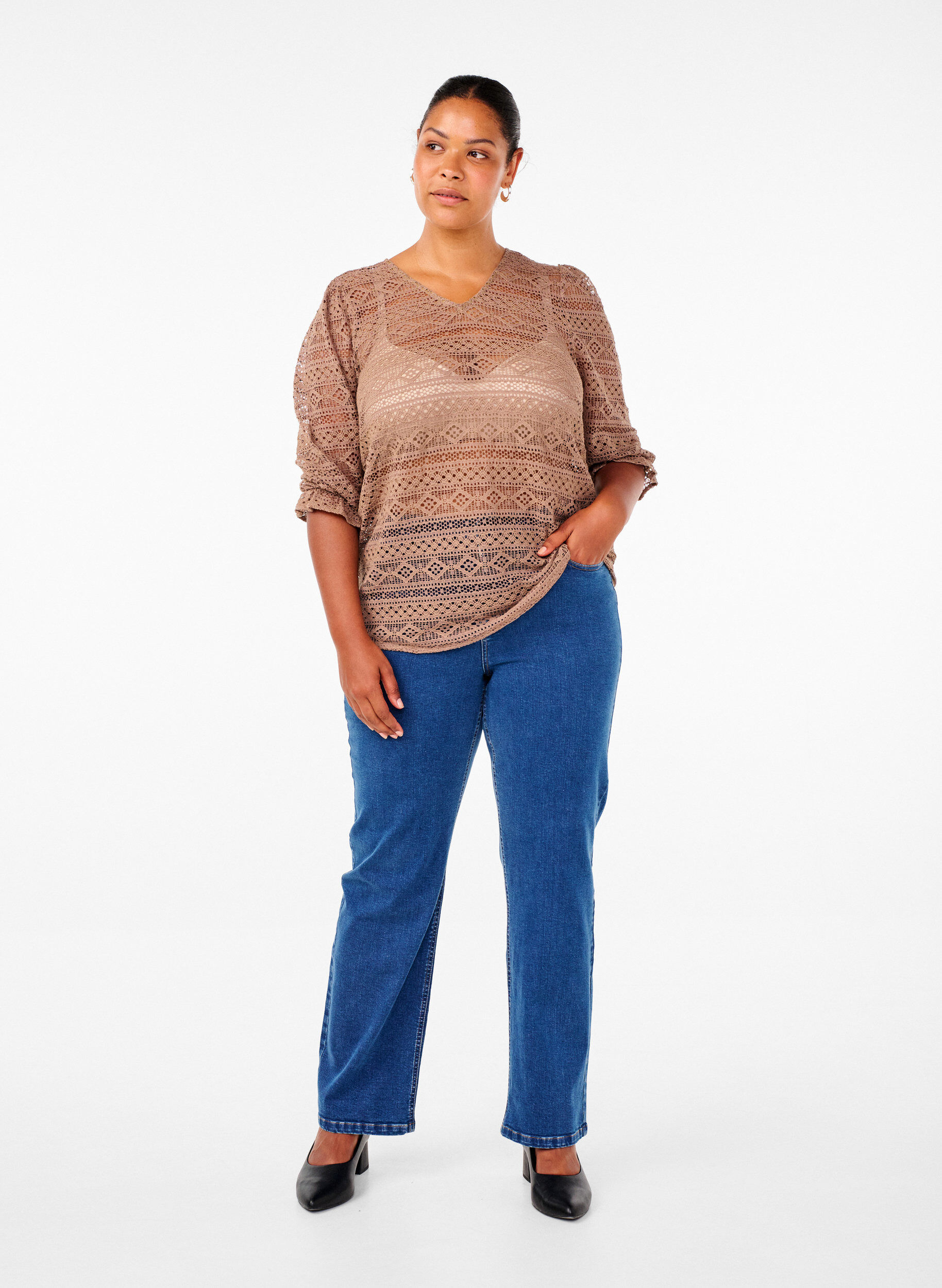 Zizzifashion Blouse with hole pattern and 3/4 sleeves, Brown, Model image number 1