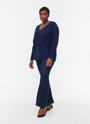 Marled, v-neck knitted blouse in a wool blend, Dark Blue Mel., Model image number 2