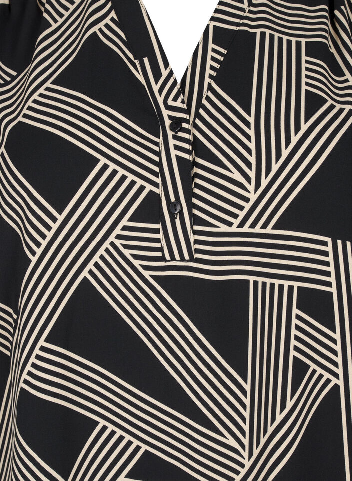 Long-sleeved shirt blouse with V-neck, BLACK BEIGE GRAPHIC, Packshot image number 2