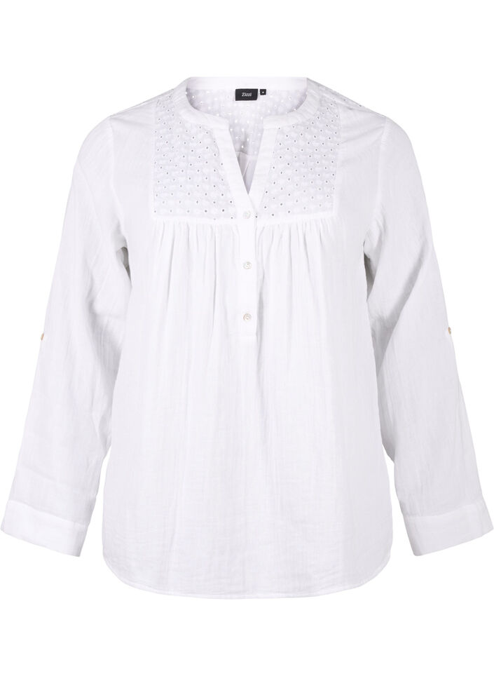 Cotton blouse with broderie anglaise and 3/4 sleeves, Bright White, Packshot image number 0