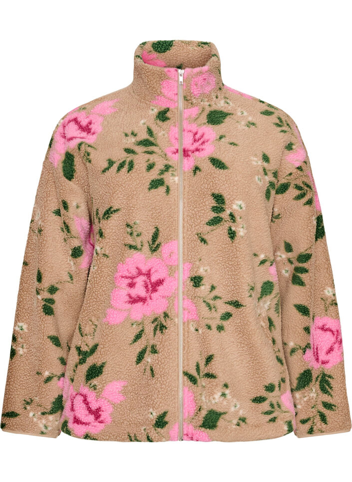 Floral fleece jacket with a high neck and zip, Beige, Packshot image number 0