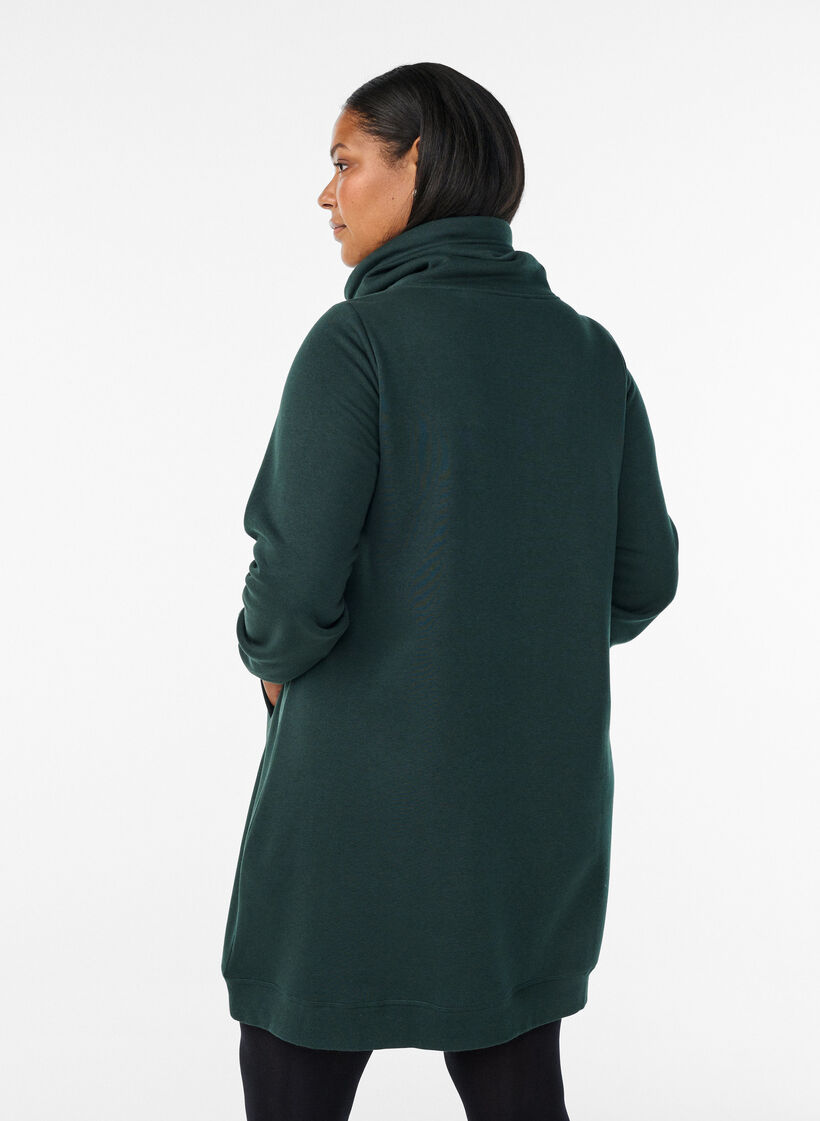 Short sweatshirt dress with high collar and pockets, Green, Model image number 2