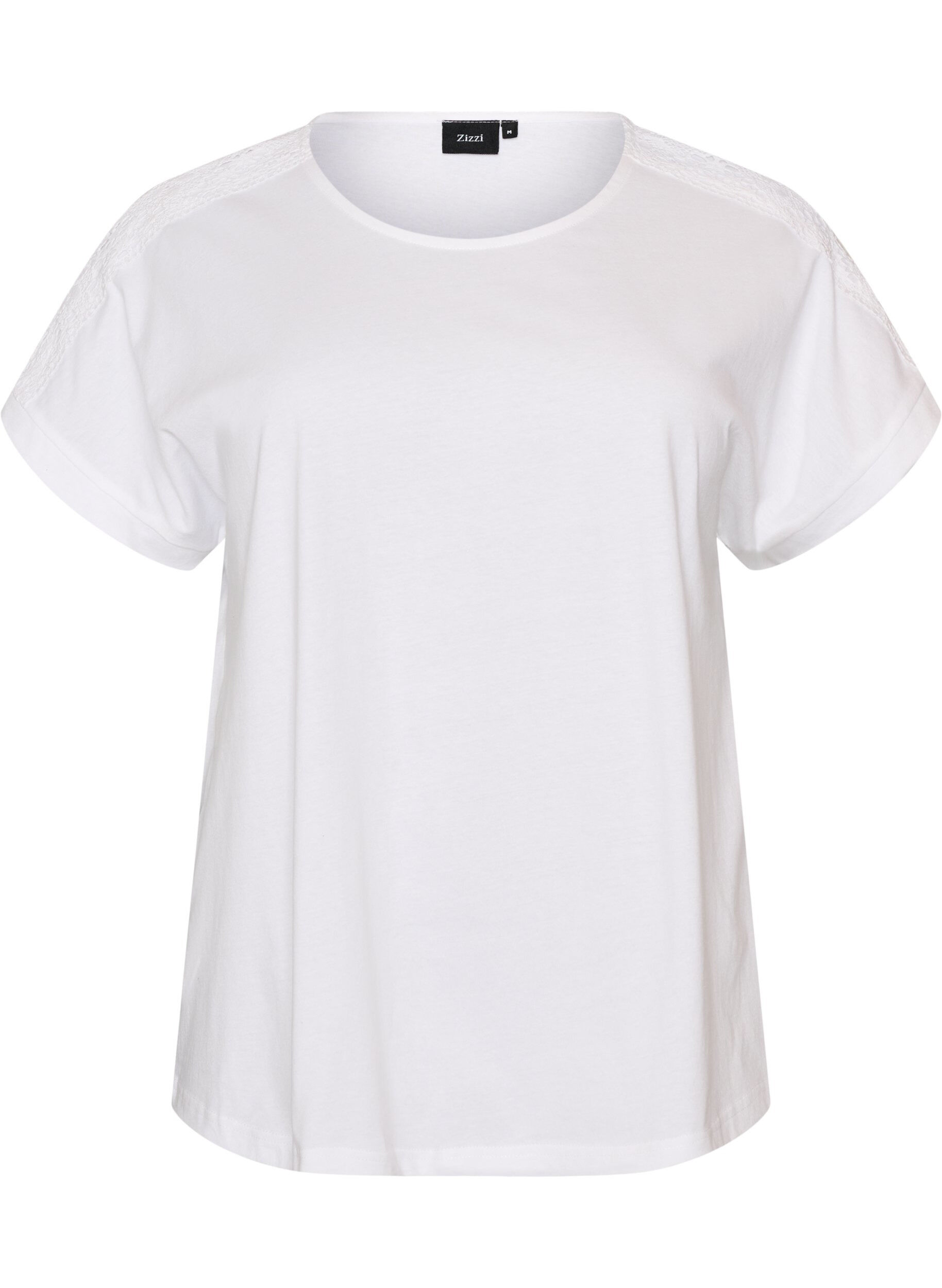 Zizzifashion Cotton T-shirt with crochet detail, White, Packshot image number 0