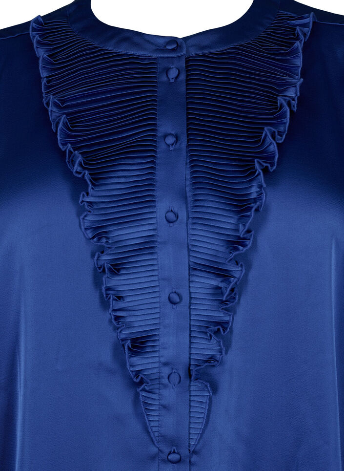 Satin shirt blouse with ruffle details, Deep Ultramarine, Packshot image number 2