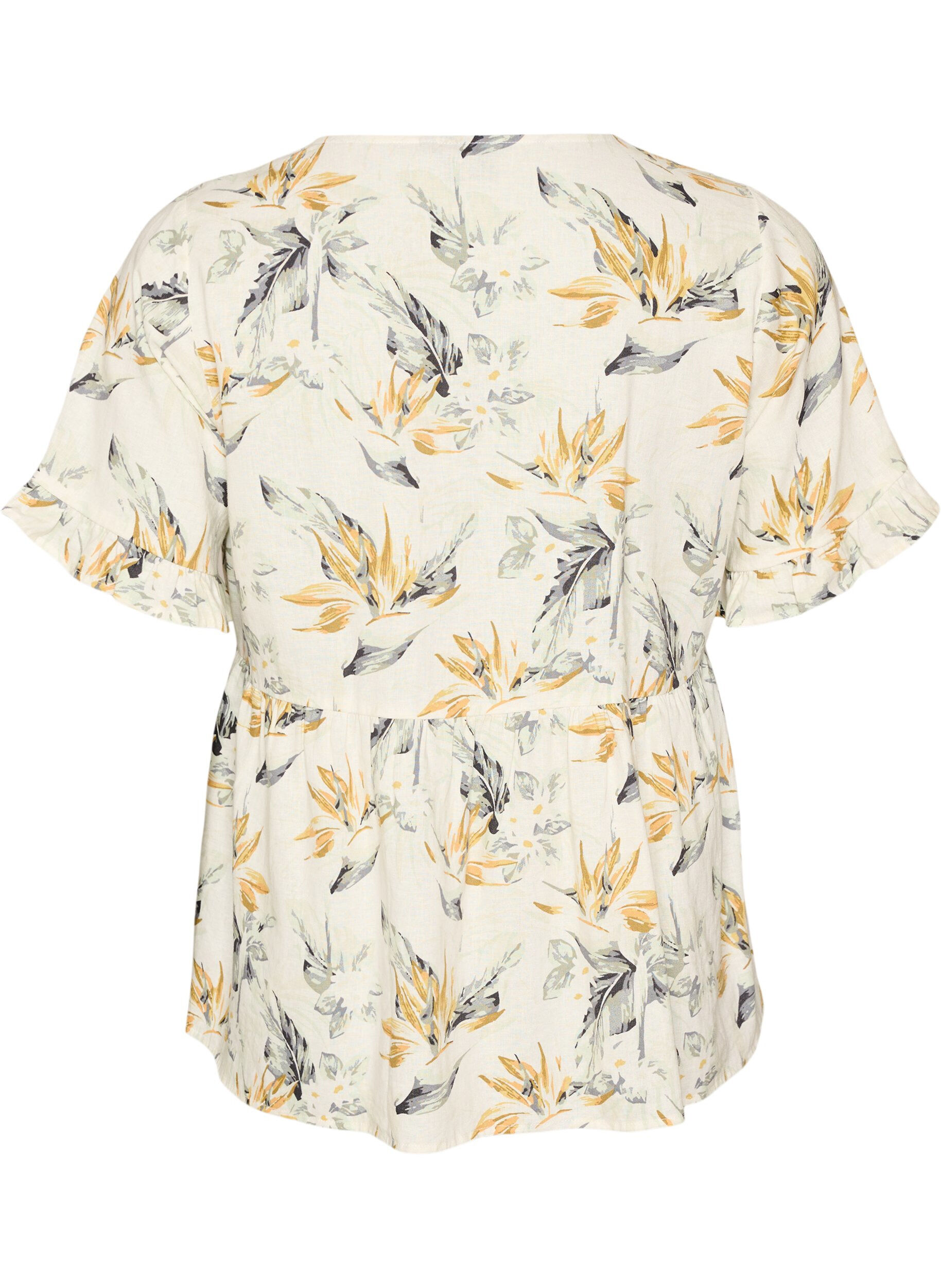 Zizzifashion Blouse in linen and viscose with a V-neck and button fastening, White, Packshot image number 1