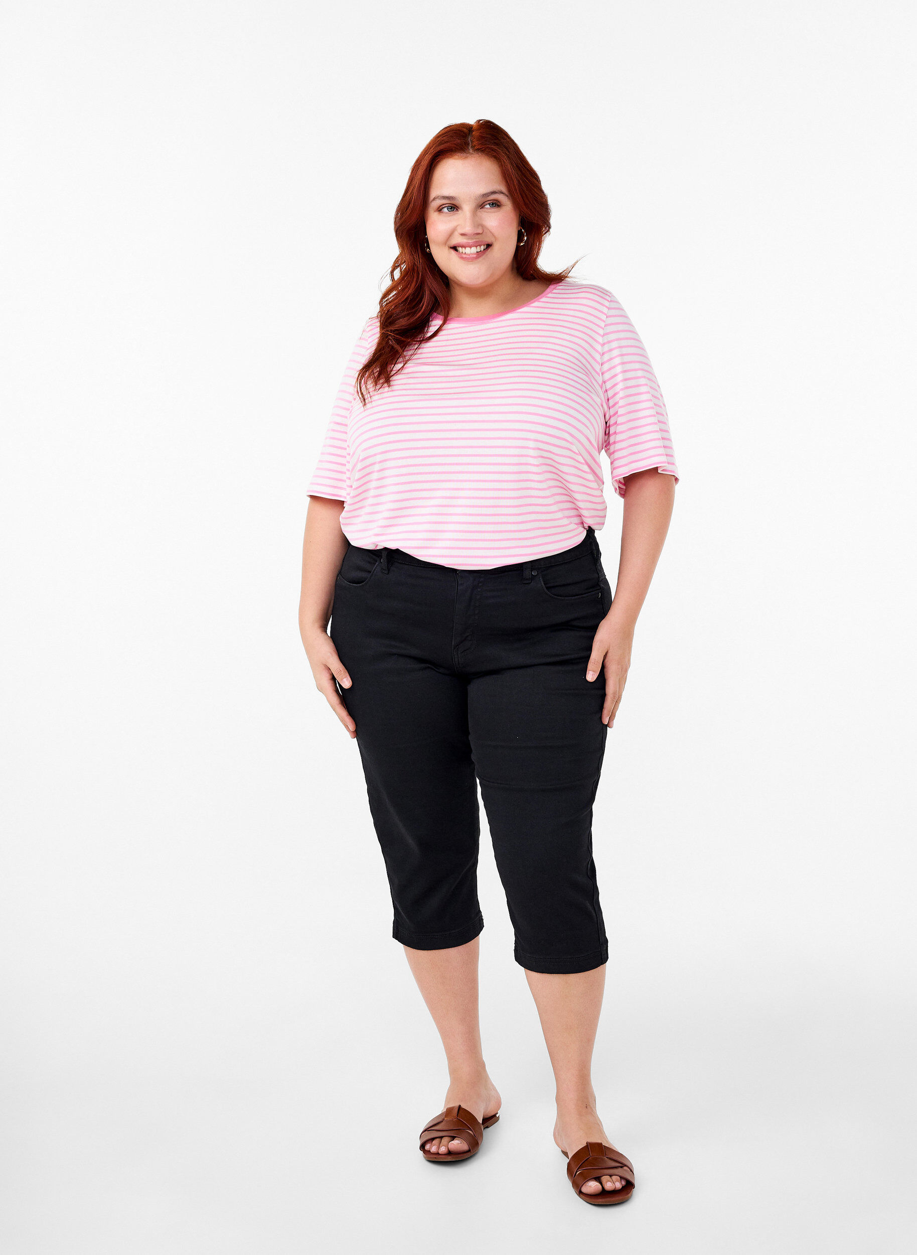 Zizzifashion Striped T-shirt in lyocell with round neck, Red, Model image number 1