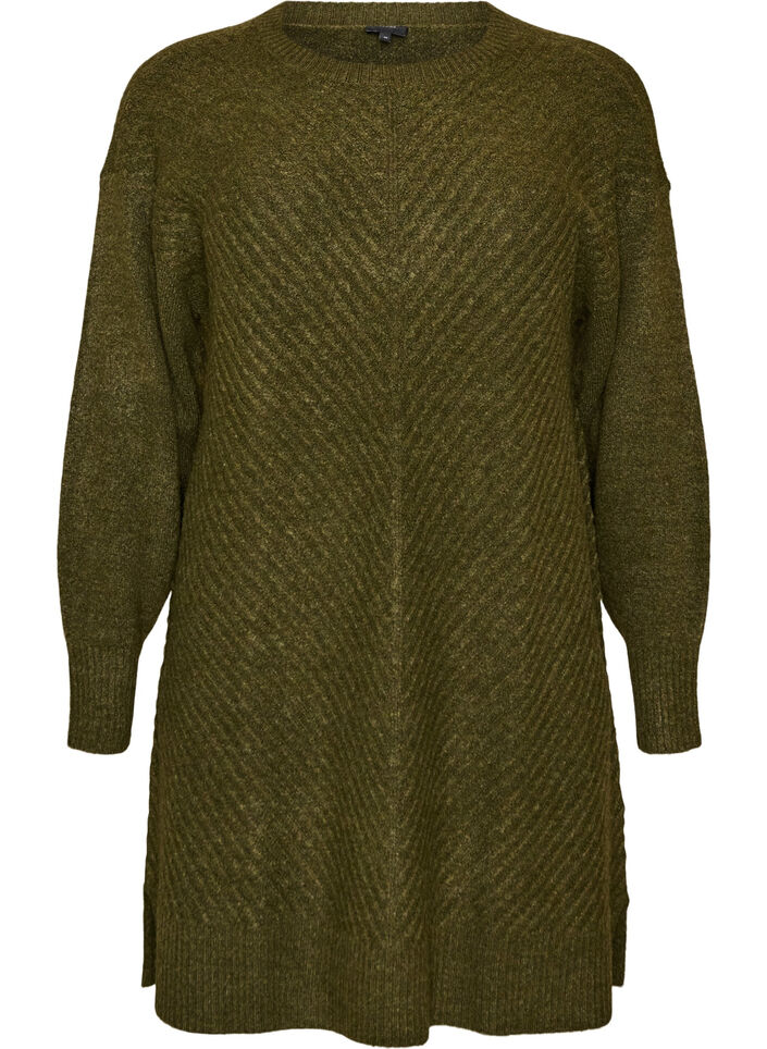 Short knitted dress with a V-shaped textured pattern, Green, Packshot image number 0