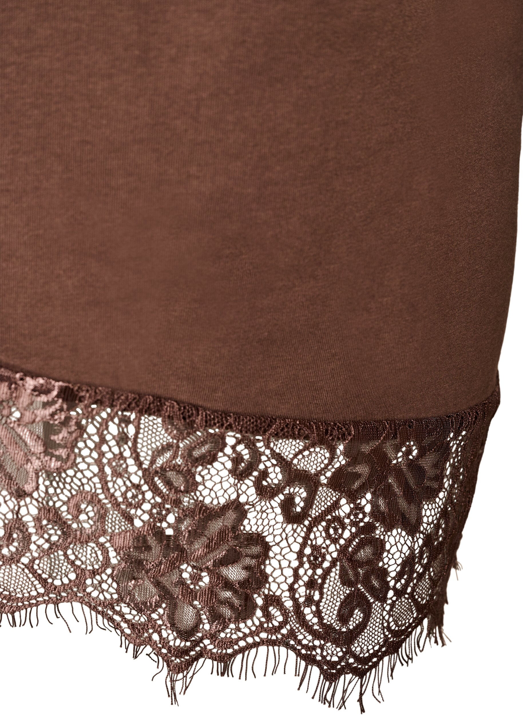 Zizzifashion T-shirt with asymmetric lace hem, Brown, Packshot image number 3